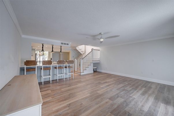 Empty room, Interior, Kitchen, Pendant Lights, Wood Texture Flooring