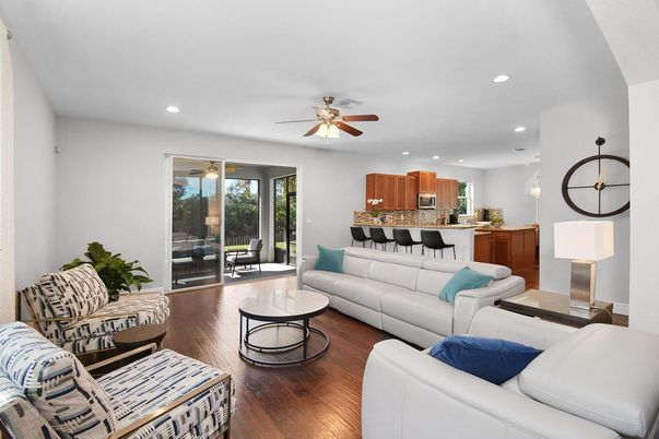 Dining room, Interior, Kitchen, Living room, Recessed Lighting, Wood Texture Flooring