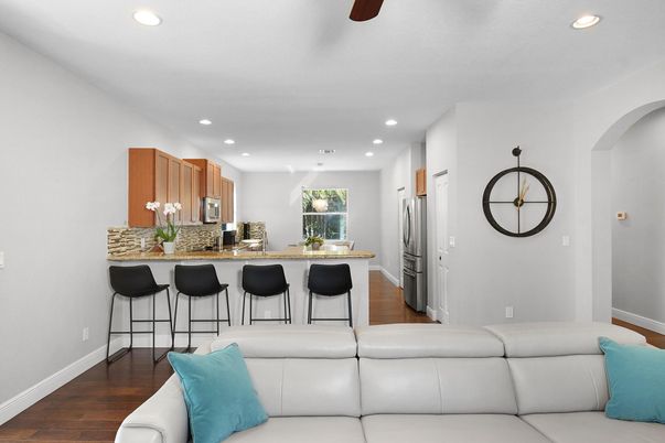 Interior, Kitchen, Living room, Recessed Lighting, Wood Texture Flooring
