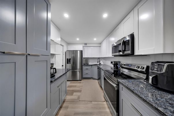 Interior, Kitchen, Recessed Lighting, Stainless Steel Appliances, Wood Texture Flooring