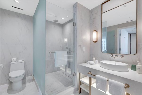 Bathroom, Glass Shower, Interior, Marble, Marble Walls, Recessed Lighting