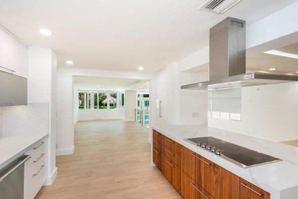 Interior, Kitchen, Marble Walls, Recessed Lighting, Wood Texture Flooring