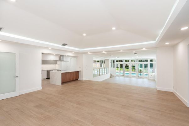Interior, Kitchen, Marble Walls, Recessed Lighting, Wood Texture Flooring