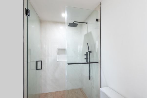Bathroom, Glass Shower, Interior, Recessed Lighting, Wood Texture Flooring