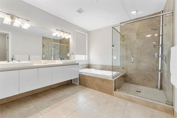 Bathroom, Dual Sink Vanities, Glass Shower, Interior, Recessed Lighting