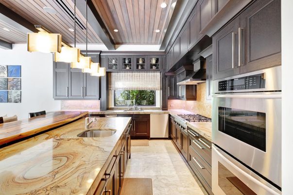 Interior, Kitchen, Pendant Lights, Recessed Lighting, Stainless Steel Appliances, Wooden Ceilings