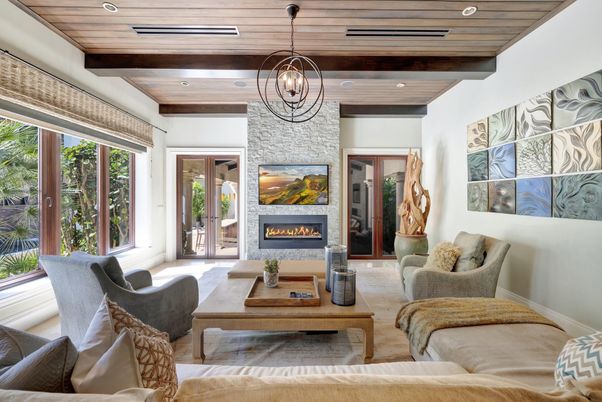 Fireplace, Interior, Living room, Pendant Lights, Recessed Lighting, Stone Walls, Wooden Beams, Wooden Ceilings