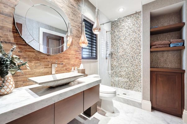 Bathroom, Glass Shower, Interior, Marble, Pendant Lights, Recessed Lighting