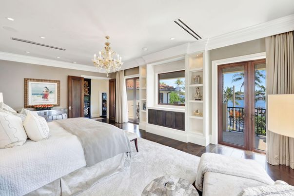 Bedroom, Chandelier, Interior, Recessed Lighting, Wood Texture Flooring