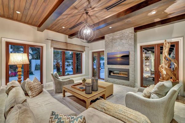 Fireplace, Interior, Living room, Pendant Lights, Recessed Lighting, Stone Walls, Wooden Beams, Wooden Ceilings