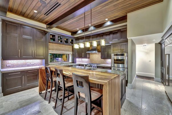 Interior, Kitchen, Pendant Lights, Recessed Lighting, Stainless Steel Appliances, Wooden Beams, Wooden Ceilings