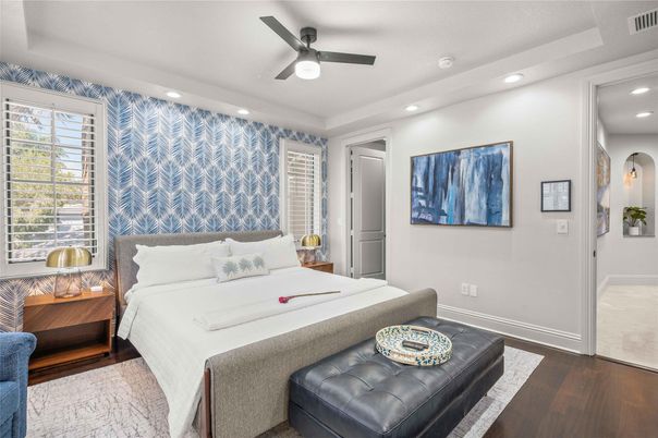 Bedroom, Interior, Recessed Lighting, Wood Texture Flooring