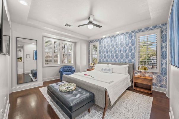Bedroom, Interior, Recessed Lighting, Wood Texture Flooring