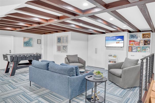 Game Room, Interior, Living room, Recessed Lighting, Wooden Beams, Wood Texture Flooring