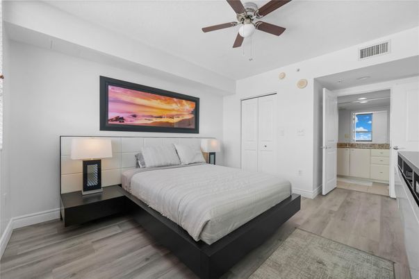 Bedroom, Interior, Recessed Lighting, Wood Texture Flooring