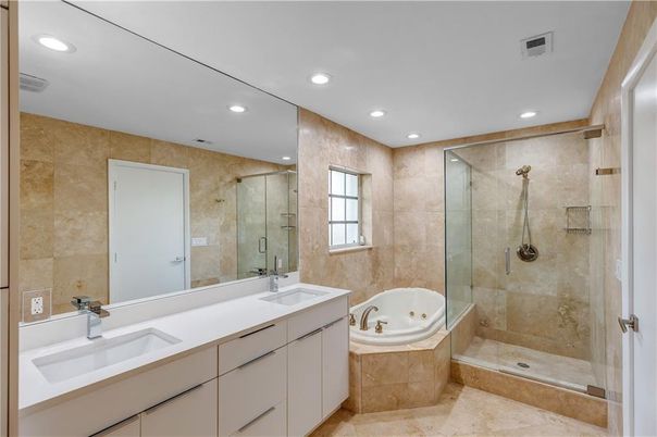 Bathroom, Dual Sink Vanities, Glass Shower, Interior, Recessed Lighting