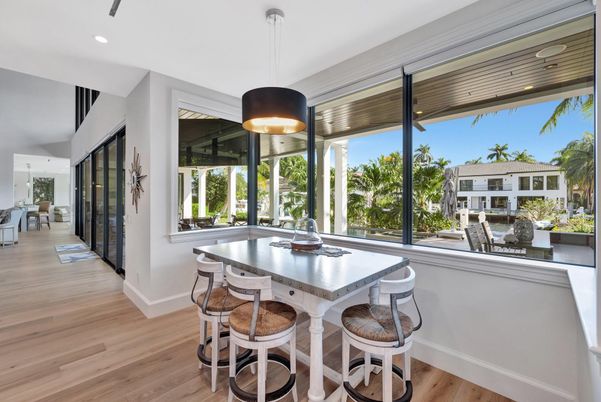 Dining room, Interior, Pendant Lights, Recessed Lighting, Wood Texture Flooring