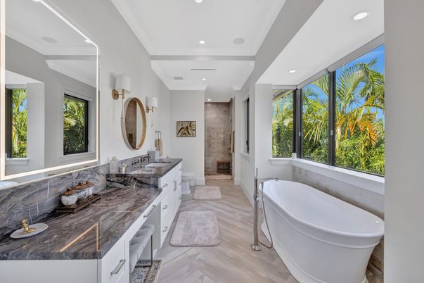 Bathroom, Dual Sink Vanities, Free Standing Baths, Interior, Recessed Lighting, Wood Texture Flooring