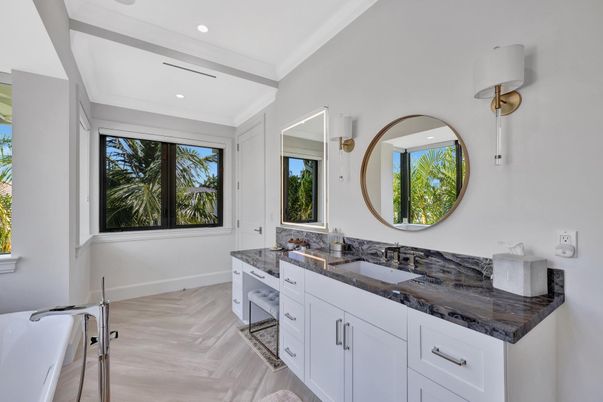 Bathroom, Dual Sink Vanities, Interior, Recessed Lighting, Wood Texture Flooring