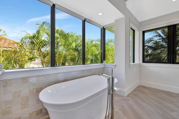 Bathroom, Free Standing Baths, Interior, Recessed Lighting, Wood Texture Flooring