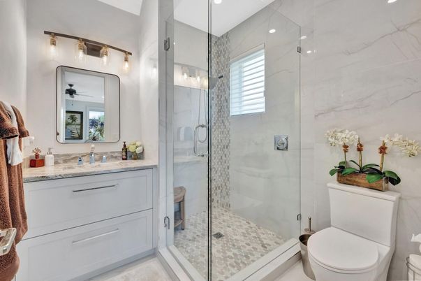 Bathroom, Glass Shower, Interior, Marble Walls, Recessed Lighting