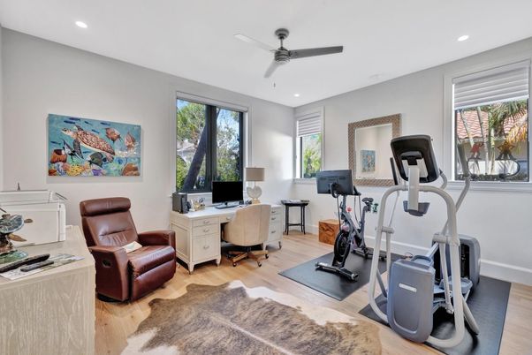 Fitness Equipment, Home Office, Interior, Recessed Lighting, Wood Texture Flooring