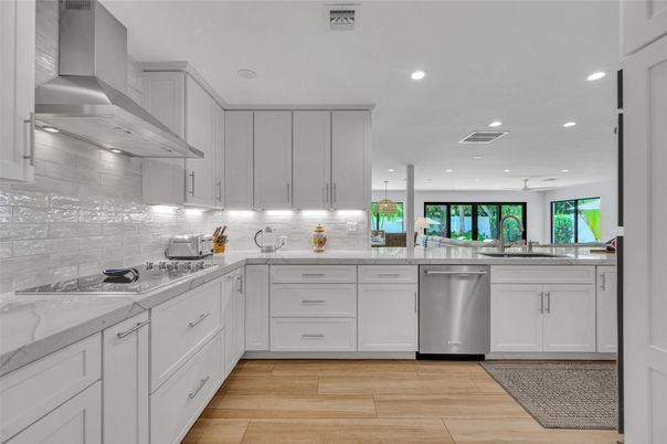 Interior, Kitchen, Recessed Lighting, Stainless Steel Appliances, Wood Texture Flooring