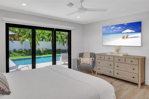 Bedroom, Interior, Recessed Lighting, Water, Wood Texture Flooring