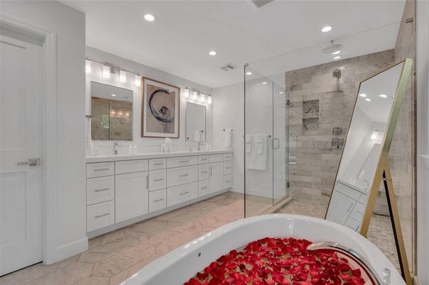 Bathroom, Dual Sink Vanities, Glass Shower, Interior, Recessed Lighting