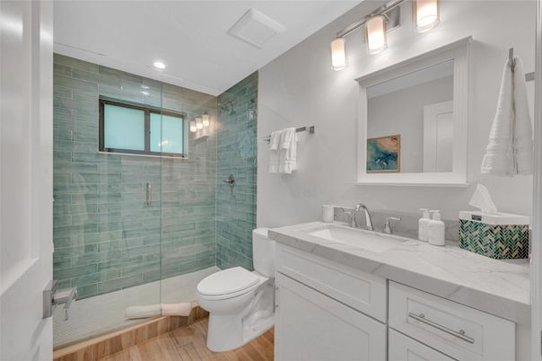Bathroom, Glass Shower, Interior, Recessed Lighting, Wood Texture Flooring