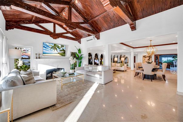 Chandelier, Dining room, Fireplace, Interior, Living room, Recessed Lighting, Wooden Beams, Wooden Ceilings