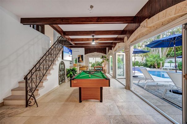Billiard Table, Game Room, Interior, Wooden Beams