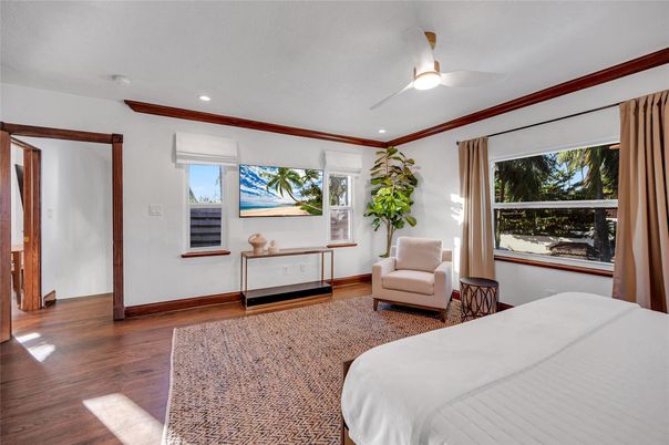 Bedroom, Interior, Recessed Lighting, Wood Texture Flooring
