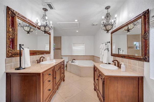 Bathroom, Chandelier, Dual Sink Vanities, Interior, Recessed Lighting