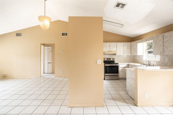 Chandelier, Interior, Kitchen, Pendant Lights, Stainless Steel Appliances