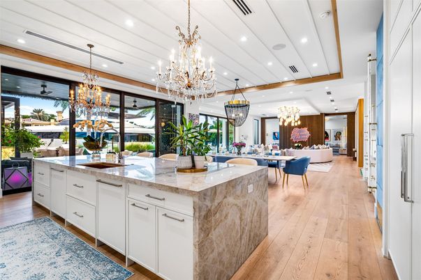 Chandelier, Dining room, Interior, Kitchen, Living room, Pendant Lights, Recessed Lighting, Wood Texture Flooring