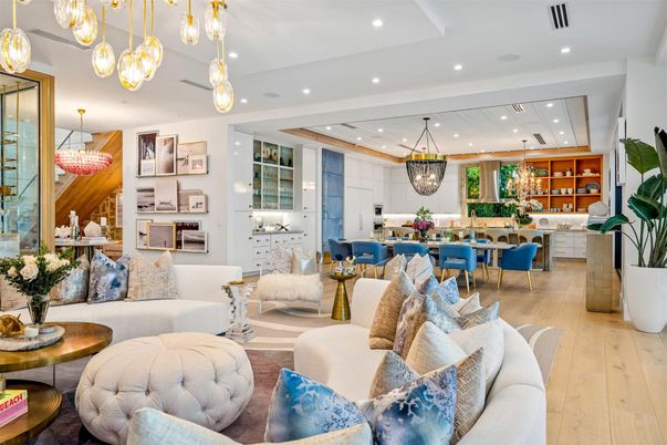Dining room, Interior, Living room, Pendant Lights, Recessed Lighting, Wood Texture Flooring