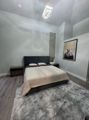 Bedroom, Interior, Pendant Lights, Wood Texture Flooring
