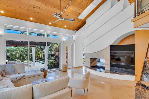 Fireplace, Interior, Living room, Recessed Lighting, Wooden Ceilings