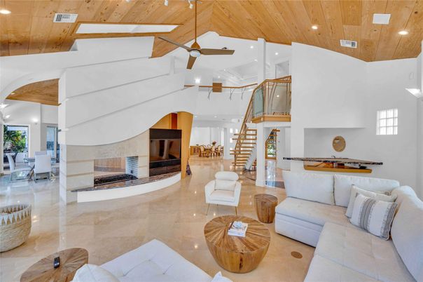 Fireplace, Interior, Living room, Recessed Lighting, Wooden Ceilings