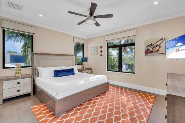 Bedroom, Interior, Recessed Lighting, Wood Texture Flooring