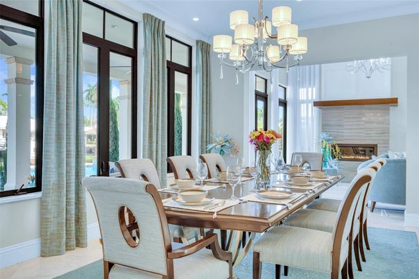 Chandelier, Dining room, Fireplace, Interior, Recessed Lighting