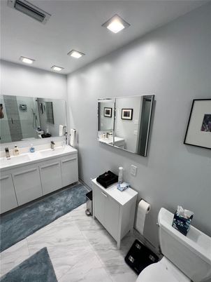 Bathroom, Dual Sink Vanities, Interior, Marble, Recessed Lighting