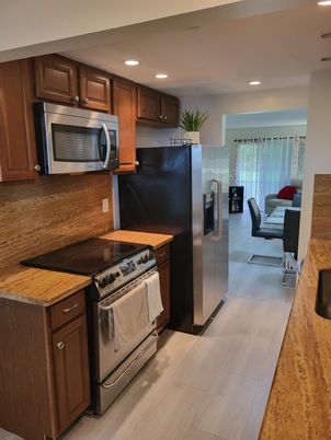 Interior, Kitchen, Recessed Lighting, Stainless Steel Appliances, Wood Texture Flooring