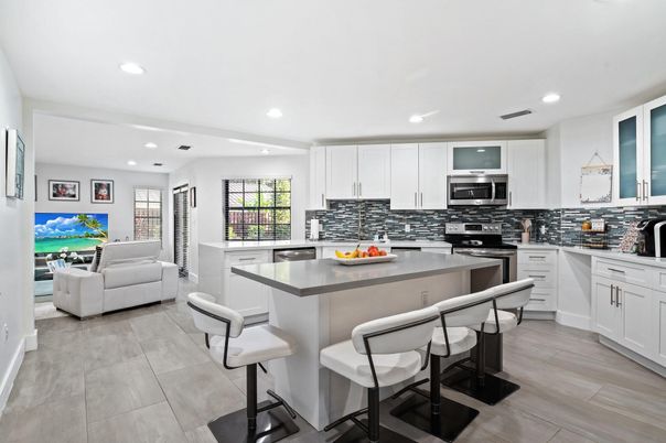 Interior, Kitchen, Living room, Recessed Lighting, Stainless Steel Appliances, Wood Texture Flooring