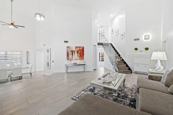 Dining room, Interior, Living room, Pendant Lights, Recessed Lighting, Wood Texture Flooring