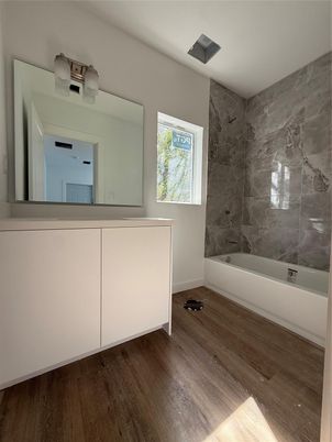 Bathroom, Interior, Marble Walls, Wood Texture Flooring