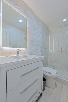 Bathroom, Glass Shower, Interior, Marble, Marble Walls, Recessed Lighting