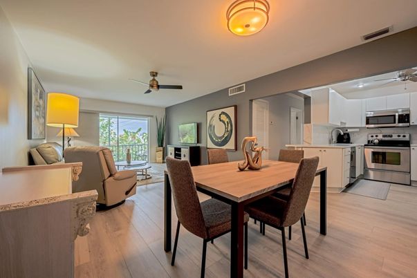 Dining room, Interior, Kitchen, Living room, Stainless Steel Appliances, Wood Texture Flooring