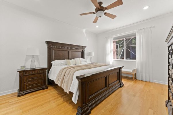 Bedroom, Interior, Recessed Lighting, Wood Texture Flooring
